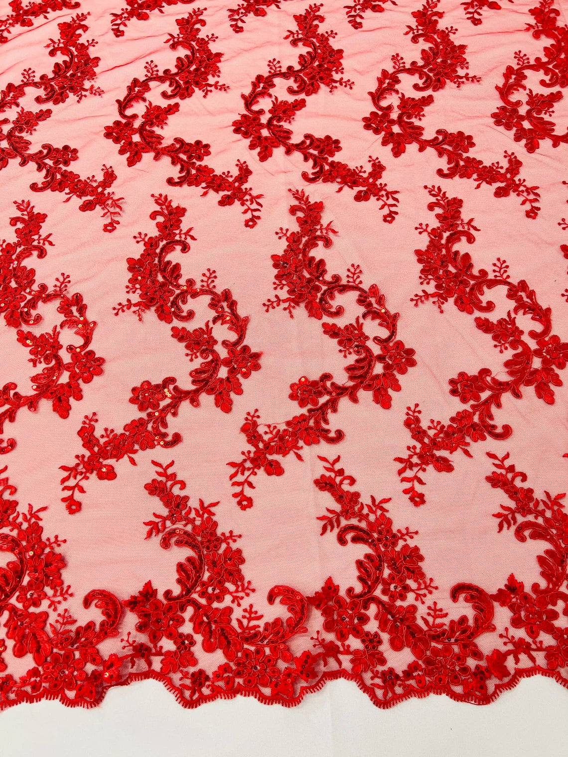 Flower Cluster Lace Sequins Fabric - Red - Embroidery Floral Design Lace Fabric By Yard