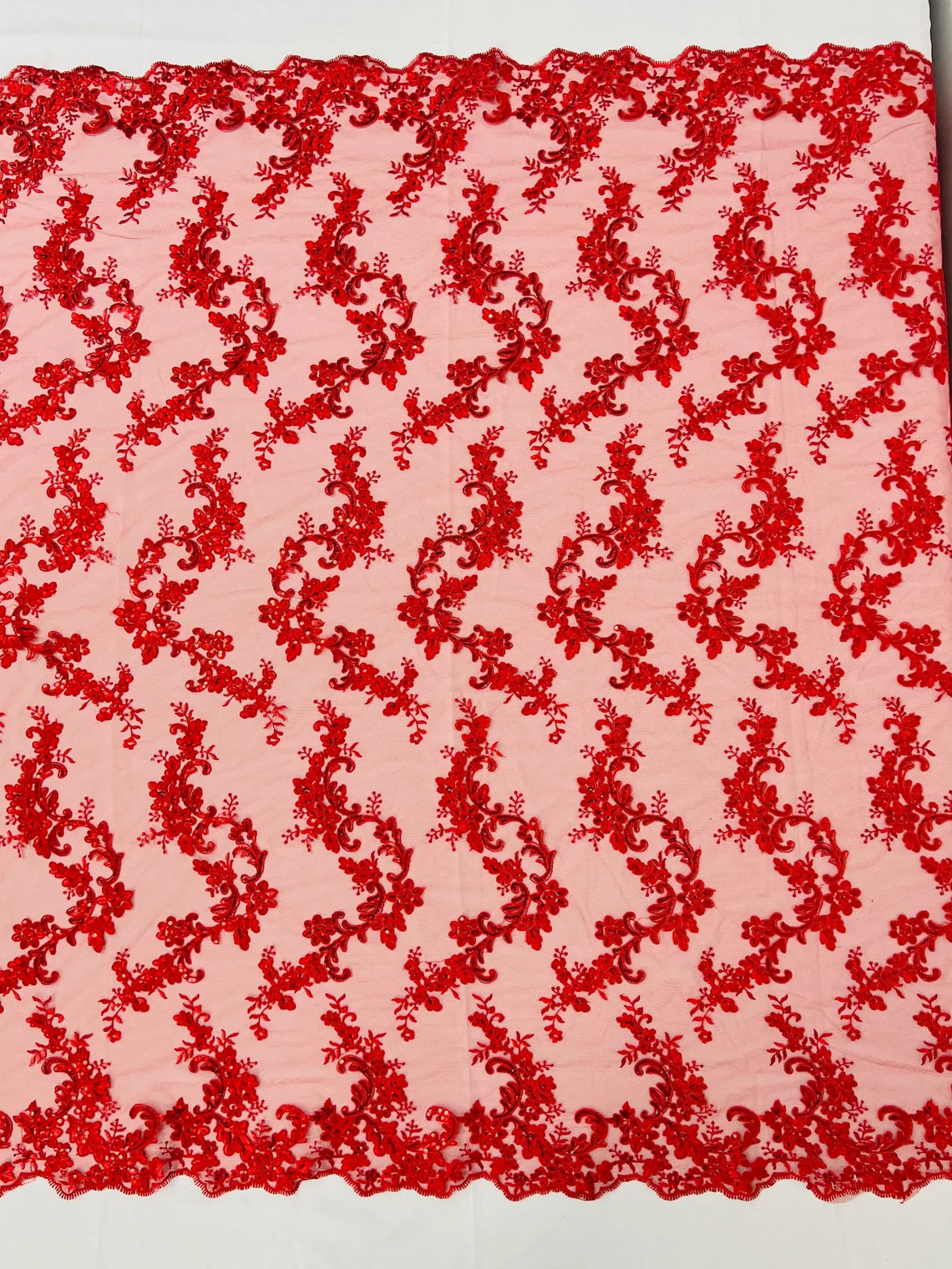 Flower Cluster Lace Sequins Fabric - Red - Embroidery Floral Design Lace Fabric By Yard