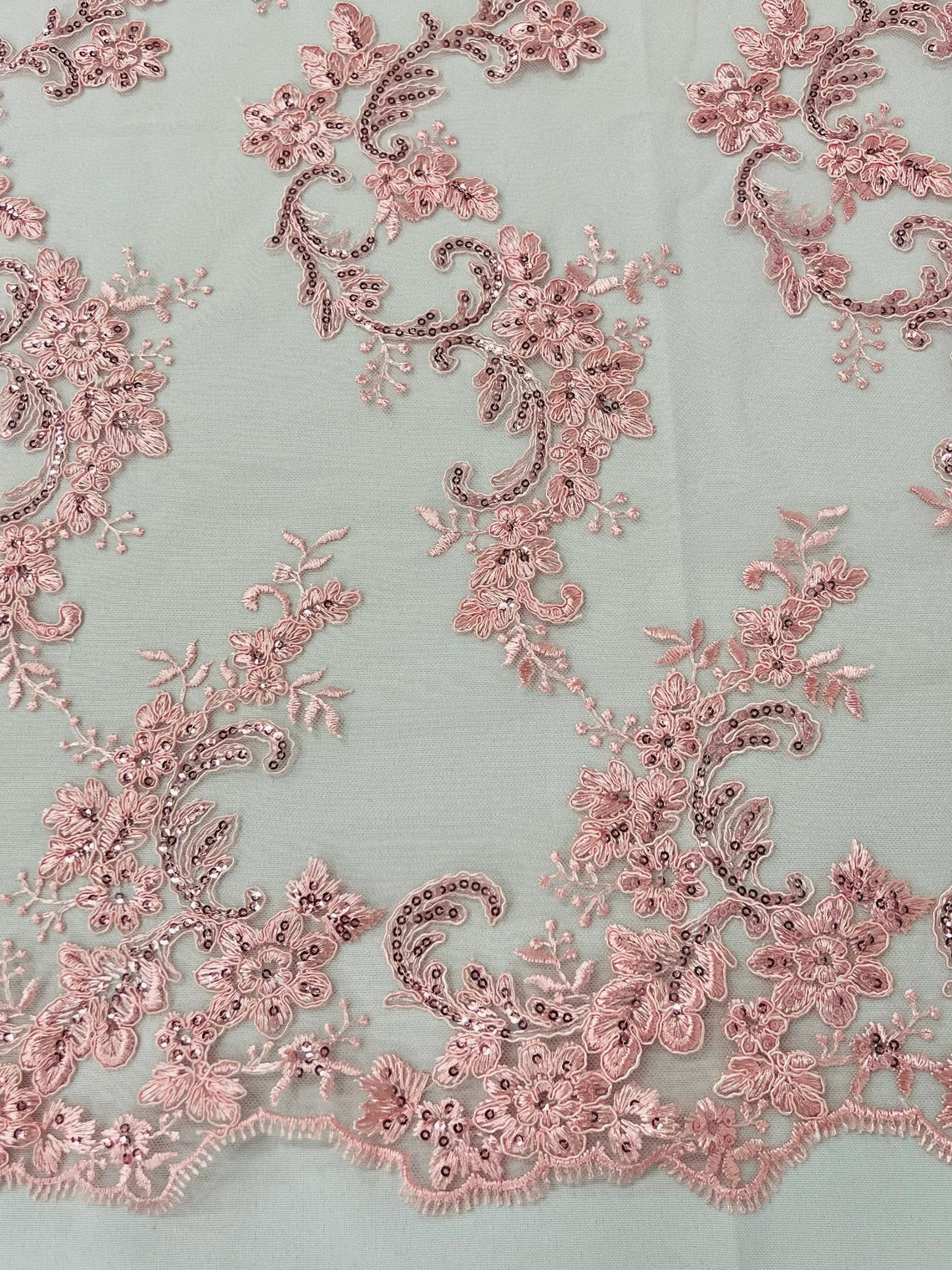 Flower Cluster Lace Sequins Fabric - Pink - Embroidery Floral Design Lace Fabric By Yard