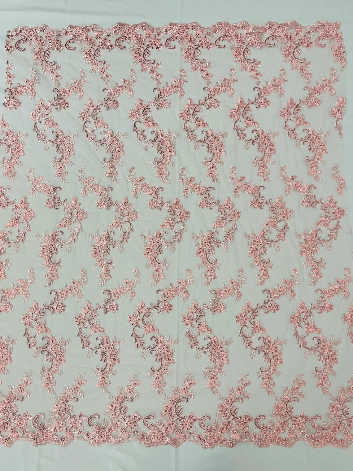 Flower Cluster Lace Sequins Fabric - Pink - Embroidery Floral Design Lace Fabric By Yard