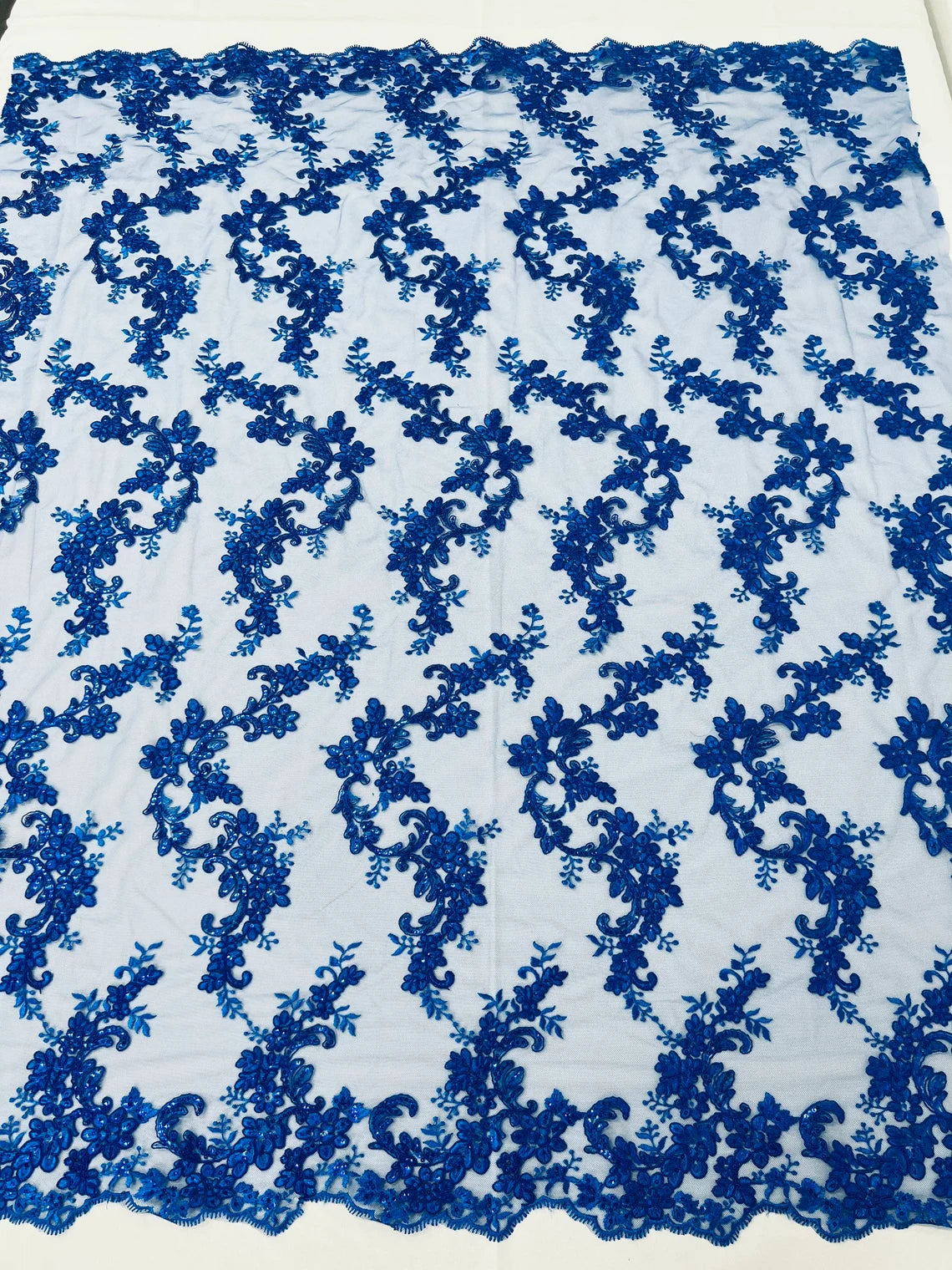 Flower Cluster Lace Sequins Fabric - Royal Blue - Embroidery Floral Design Lace Fabric By Yard