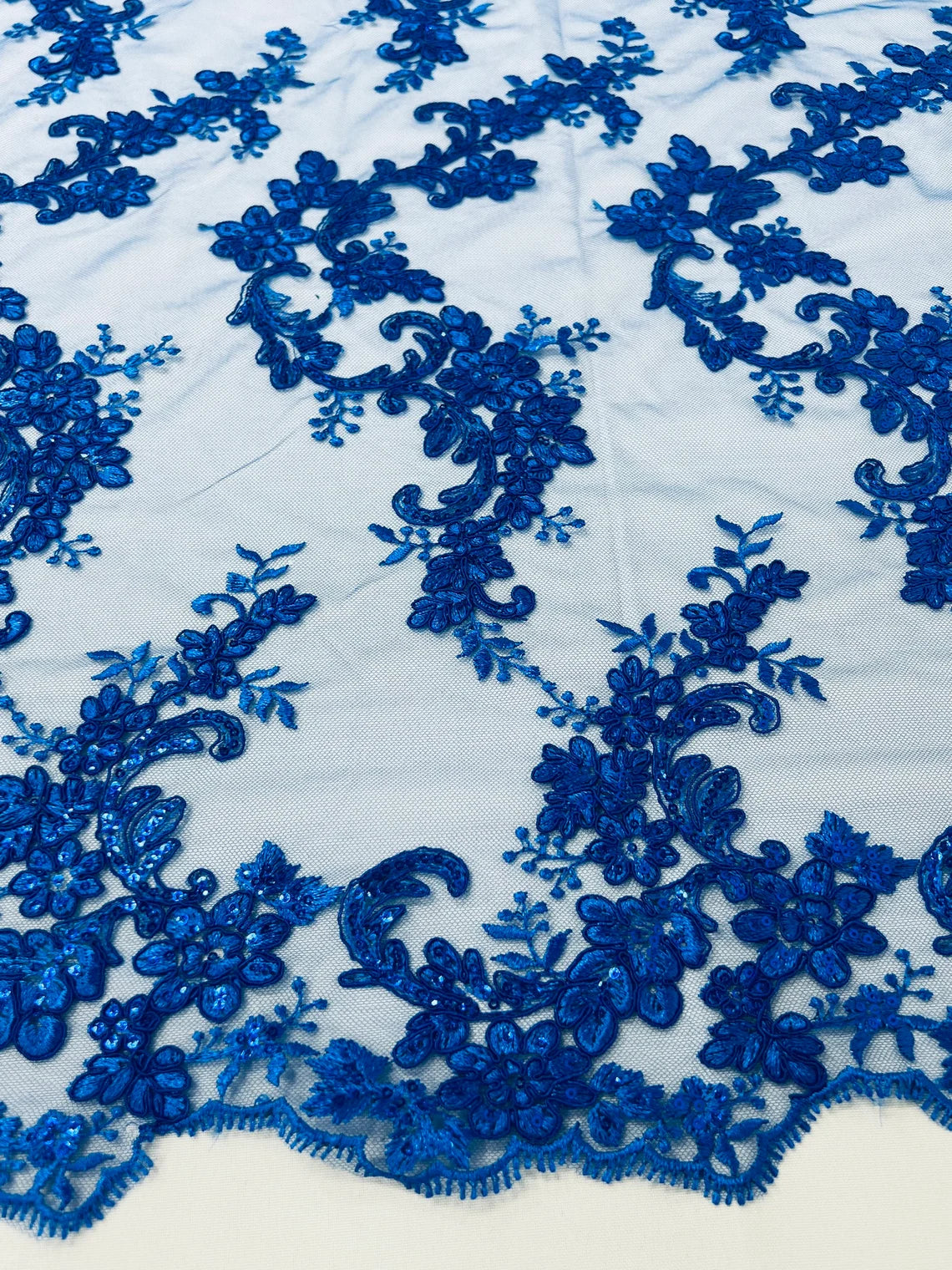 Flower Cluster Lace Sequins Fabric - Royal Blue - Embroidery Floral Design Lace Fabric By Yard