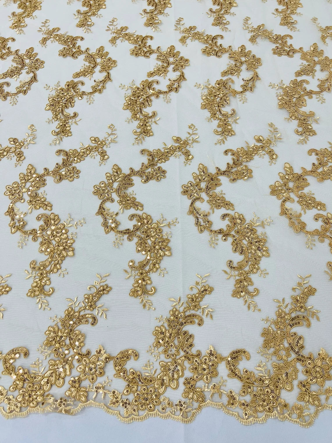 Flower Cluster Lace Sequins Fabric - Gold - Embroidery Floral Design Lace Fabric By Yard