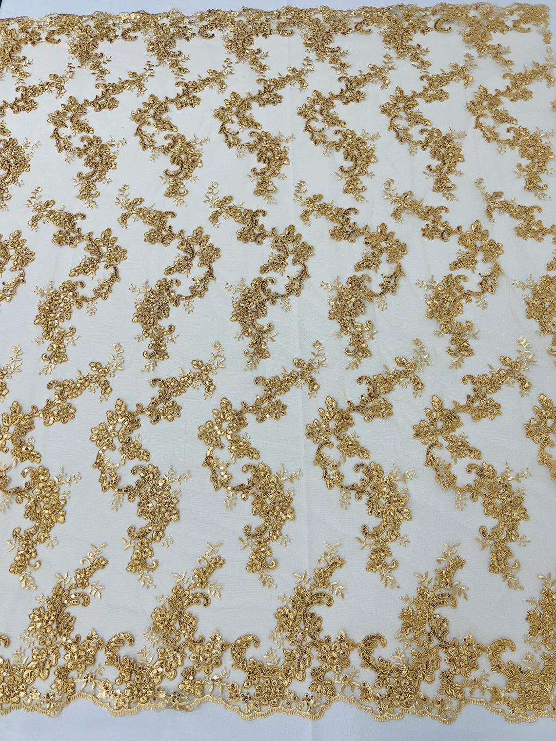 Flower Cluster Lace Sequins Fabric - Gold - Embroidery Floral Design Lace Fabric By Yard