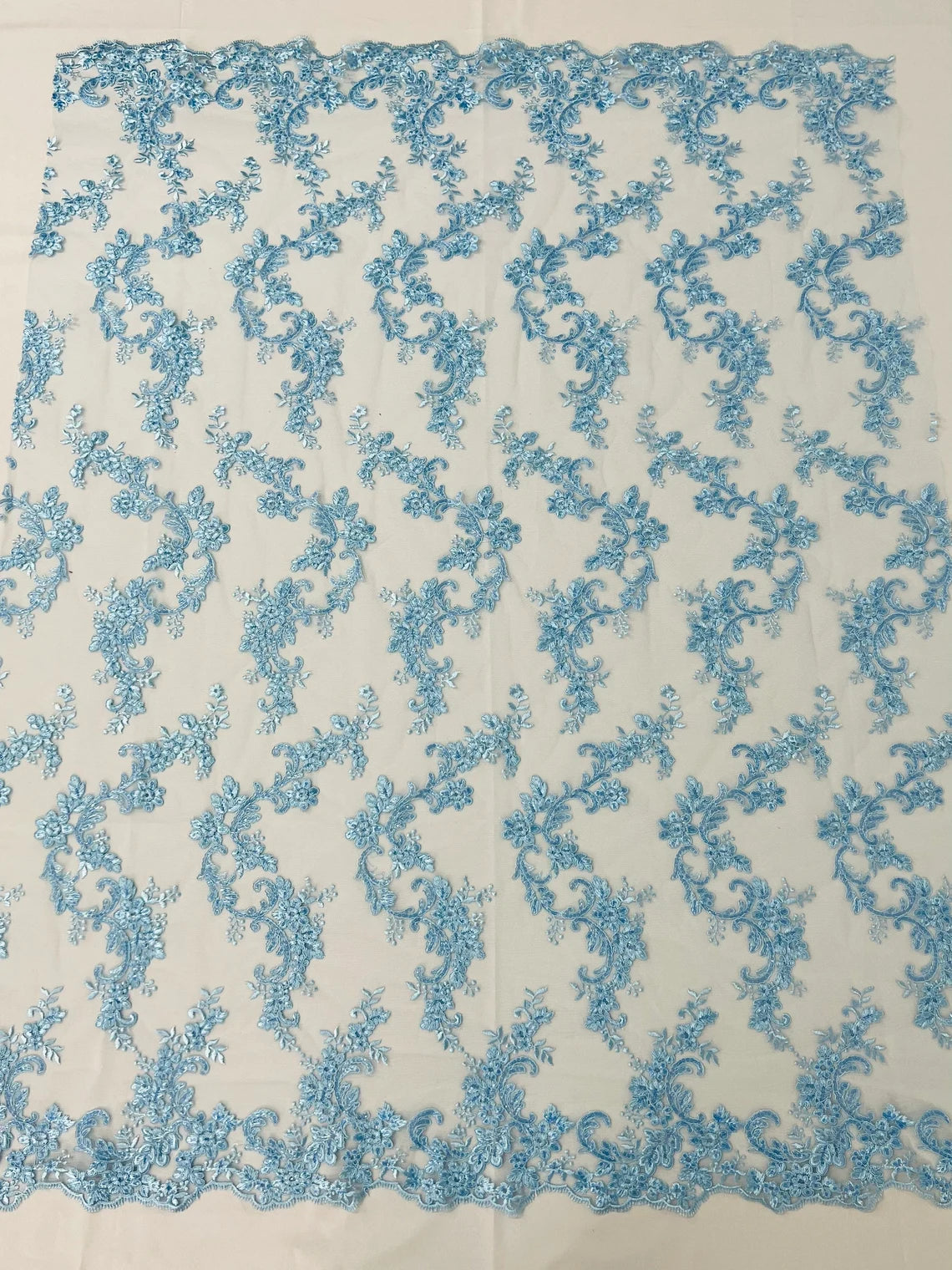 Flower Cluster Lace Sequins Fabric - Baby Blue - Embroidery Floral Design Lace Fabric By Yard