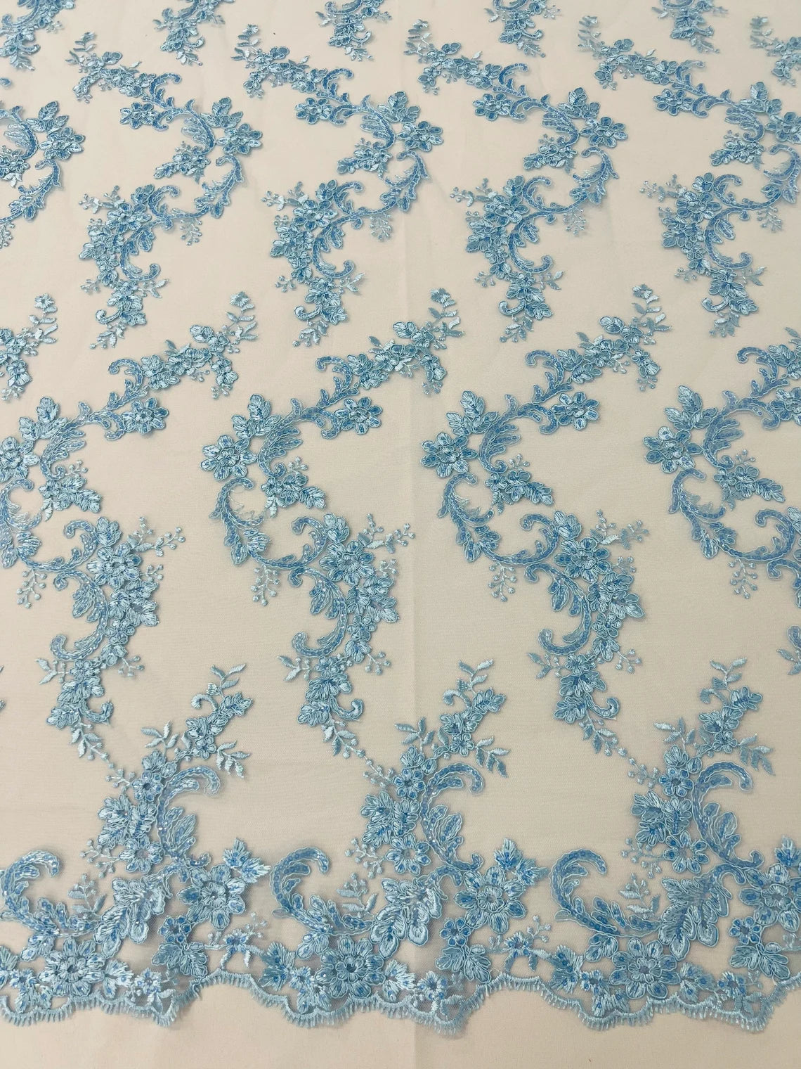 Flower Cluster Lace Sequins Fabric - Baby Blue - Embroidery Floral Design Lace Fabric By Yard