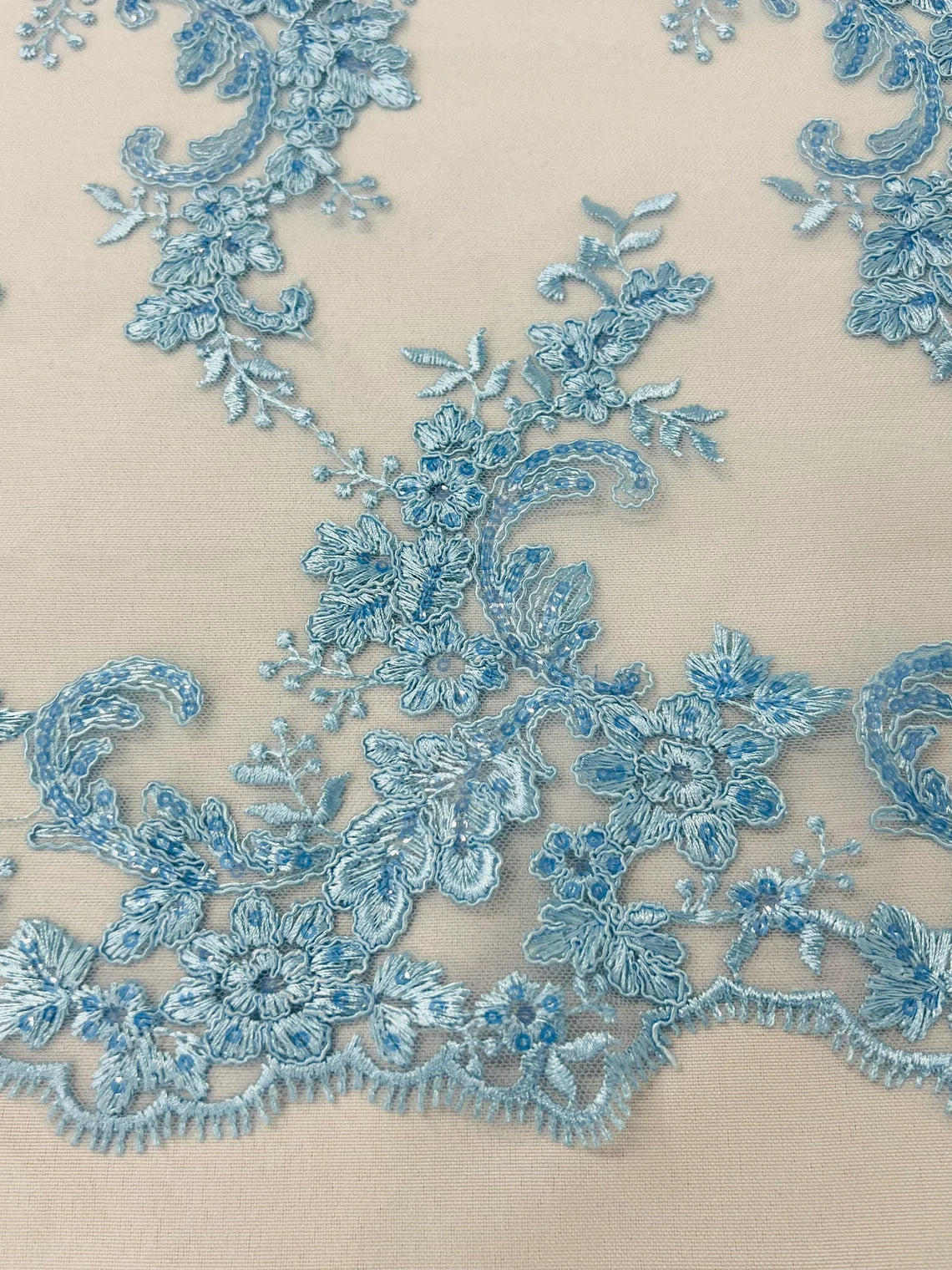 Flower Cluster Lace Sequins Fabric - Baby Blue - Embroidery Floral Design Lace Fabric By Yard