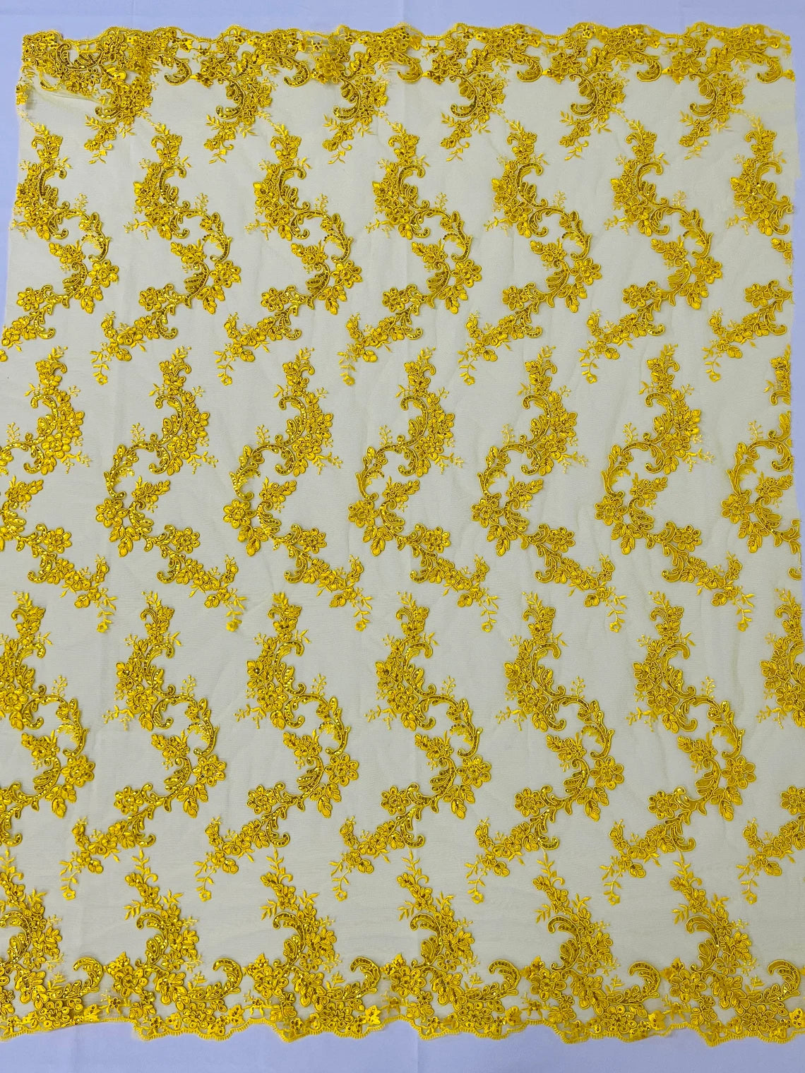 Flower Cluster Lace Sequins Fabric - Yellow - Embroidery Floral Design Lace Fabric By Yard