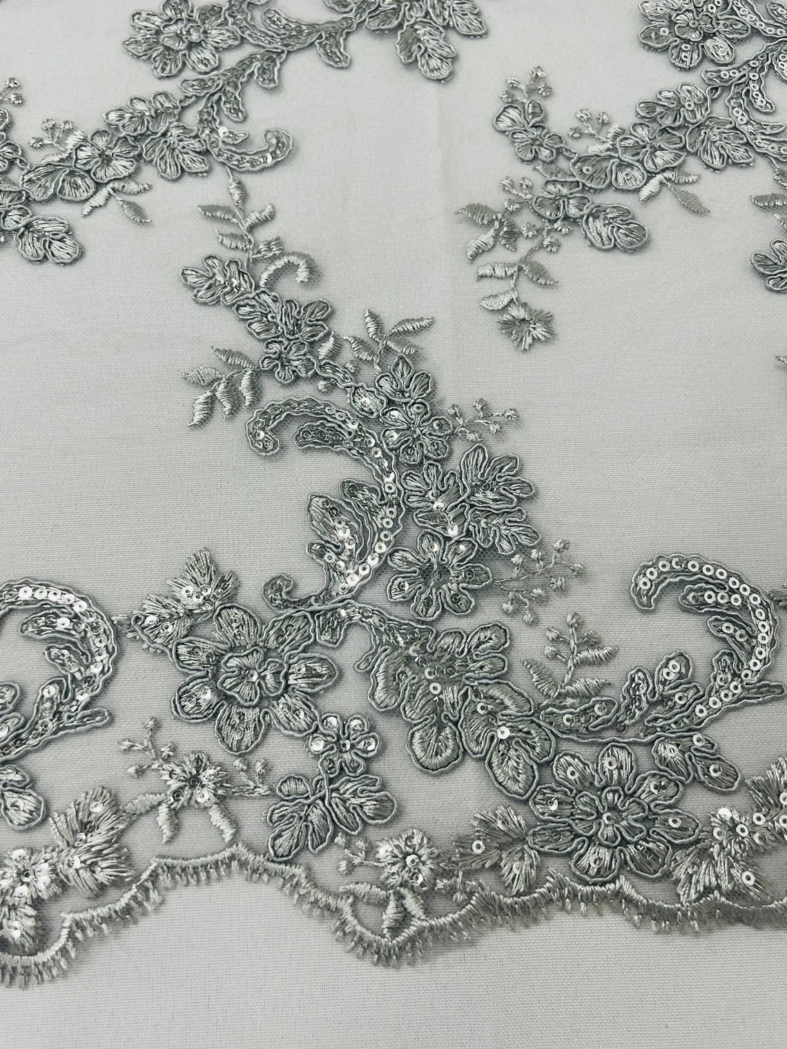 Flower Cluster Lace Sequins Fabric - Silver - Embroidery Floral Design Lace Fabric By Yard