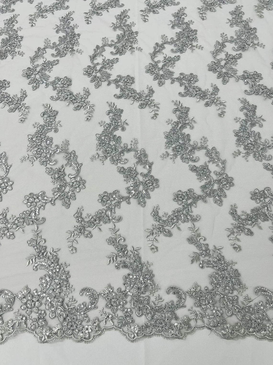 Flower Cluster Lace Sequins Fabric - Silver - Embroidery Floral Design Lace Fabric By Yard