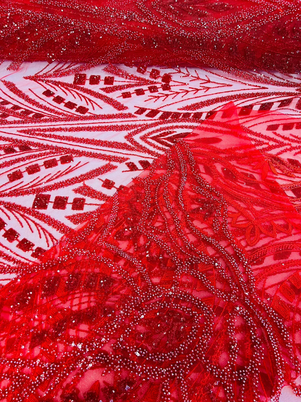 Geometric Beaded Fabric - Red - Embroidered Beaded Geometric Shape Design Fabric By Yard