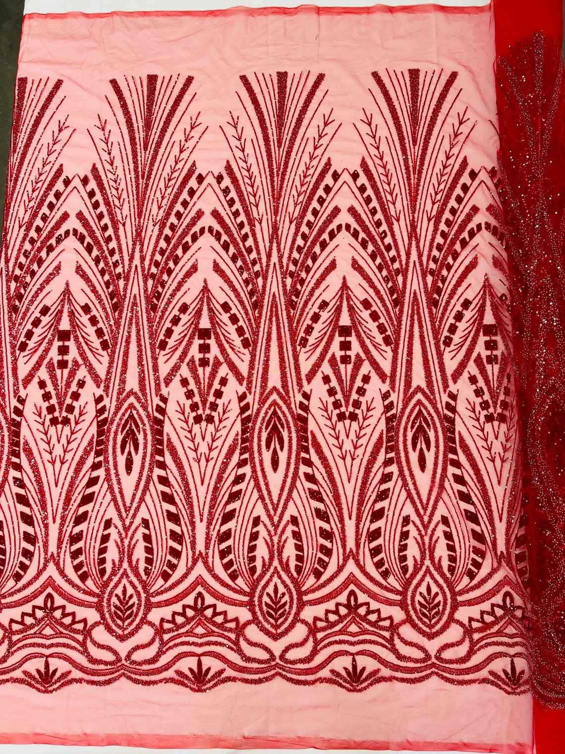 Geometric Beaded Fabric - Red - Embroidered Beaded Geometric Shape Design Fabric By Yard