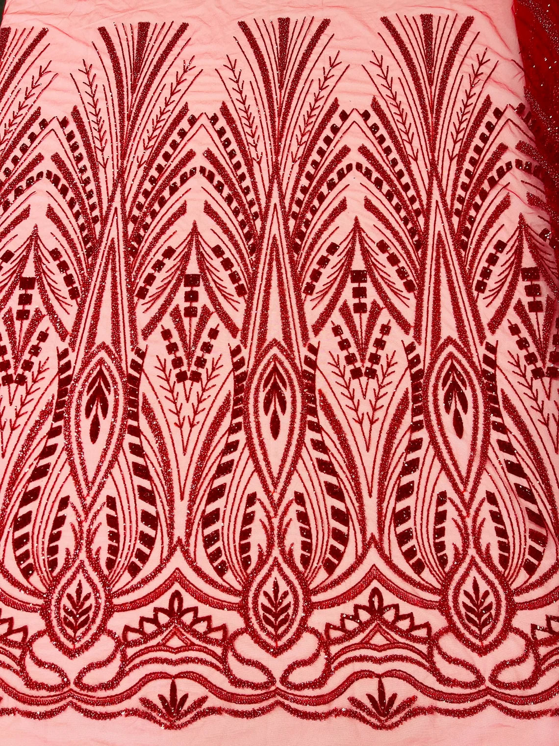 Geometric Beaded Fabric - Red - Embroidered Beaded Geometric Shape Design Fabric By Yard