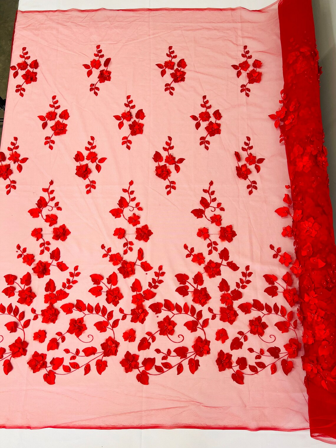 3D Flower Pearl Fabric - Red - Embroidered Flowers Pearl Center Single Border Sold By Yard
