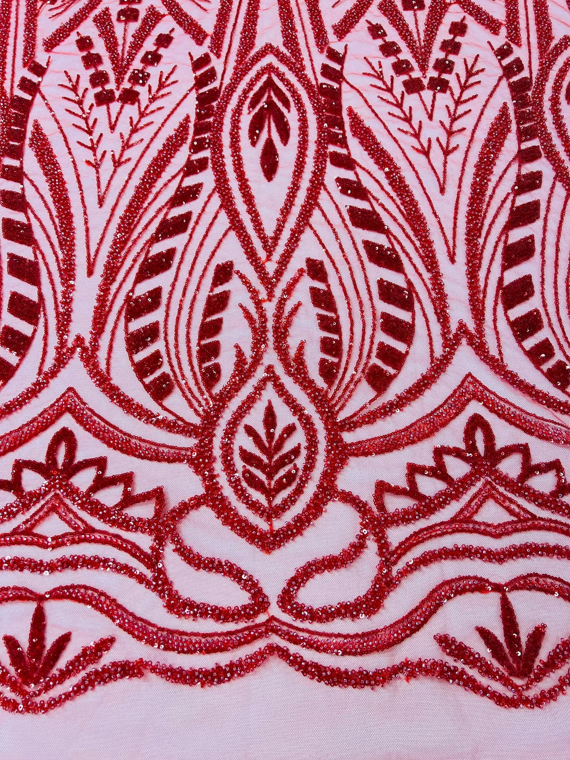 Geometric Beaded Fabric - Red - Embroidered Beaded Geometric Shape Design Fabric By Yard