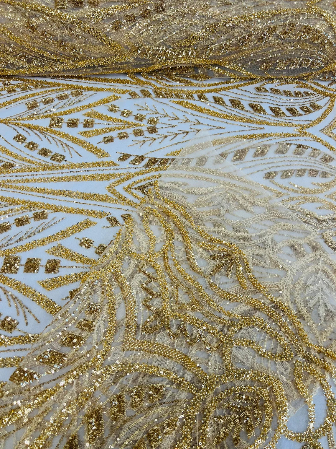 Geometric Beaded Fabric - Gold - Embroidered Beaded Geometric Shape Design Fabric By Yard