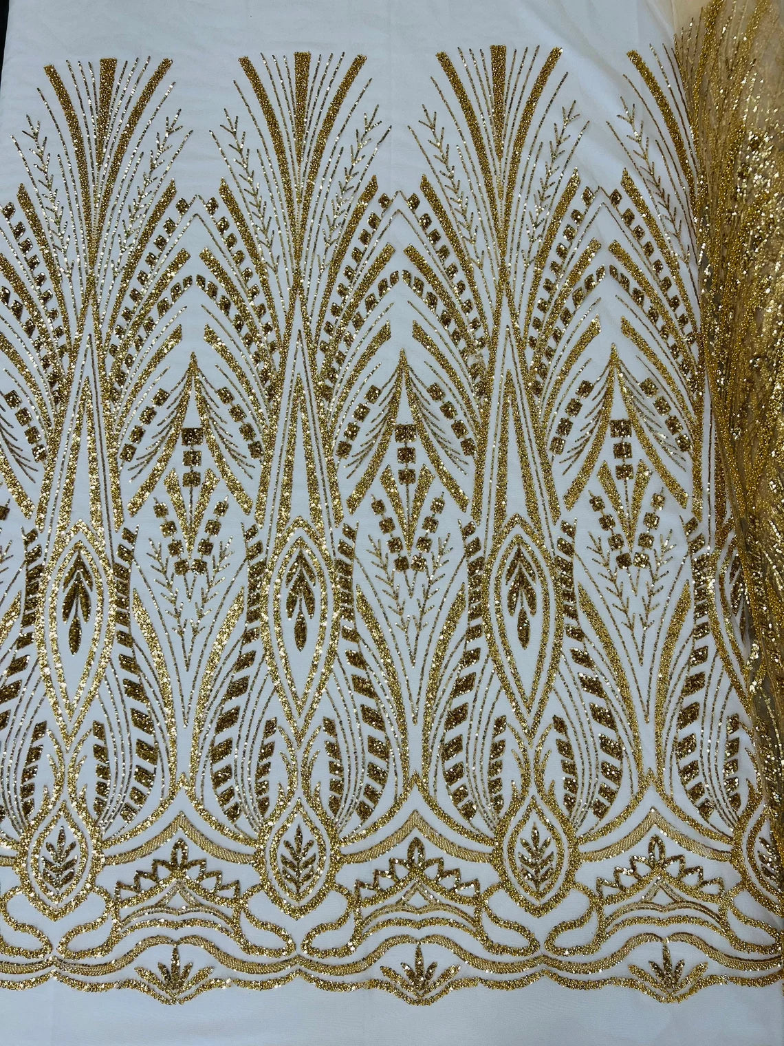 Geometric Beaded Fabric - Gold - Embroidered Beaded Geometric Shape Design Fabric By Yard