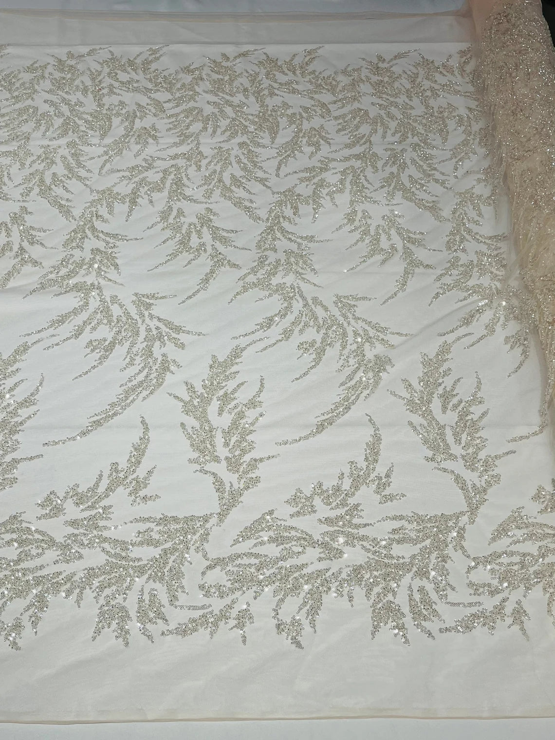 Long Leaf Plant Design Fabric - Clear - Beaded Nature Leaf Sequins Design Fabric By Yard