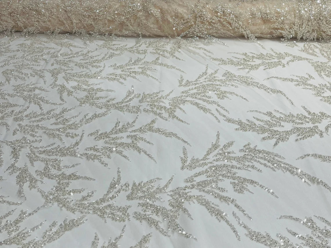 Long Leaf Plant Design Fabric - Clear - Beaded Nature Leaf Sequins Design Fabric By Yard