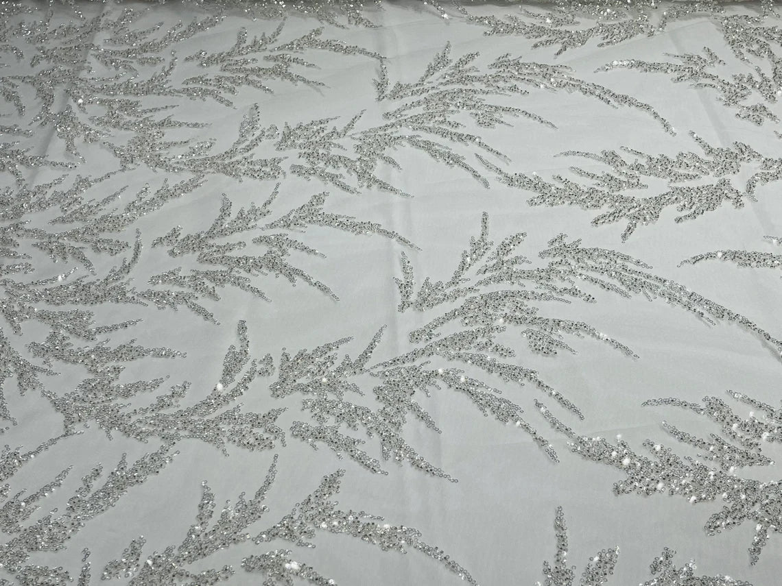 Long Leaf Plant Design Fabric - White - Beaded Nature Leaf Sequins Design Fabric By Yard