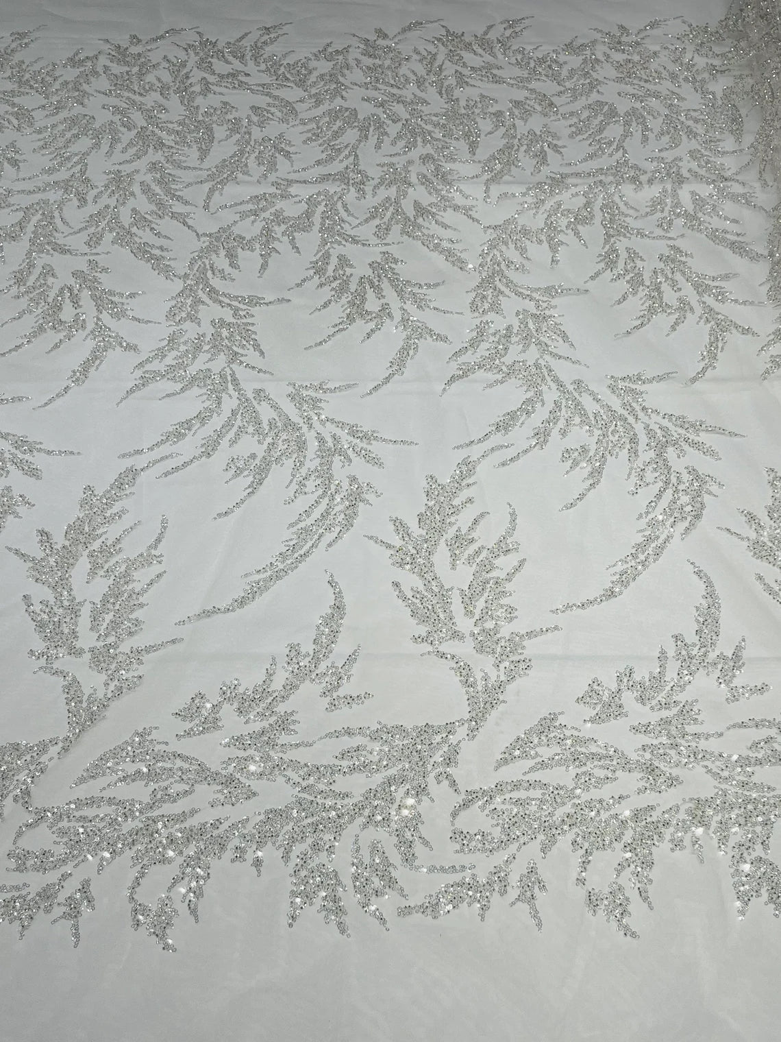 Long Leaf Plant Design Fabric - White - Beaded Nature Leaf Sequins Design Fabric By Yard