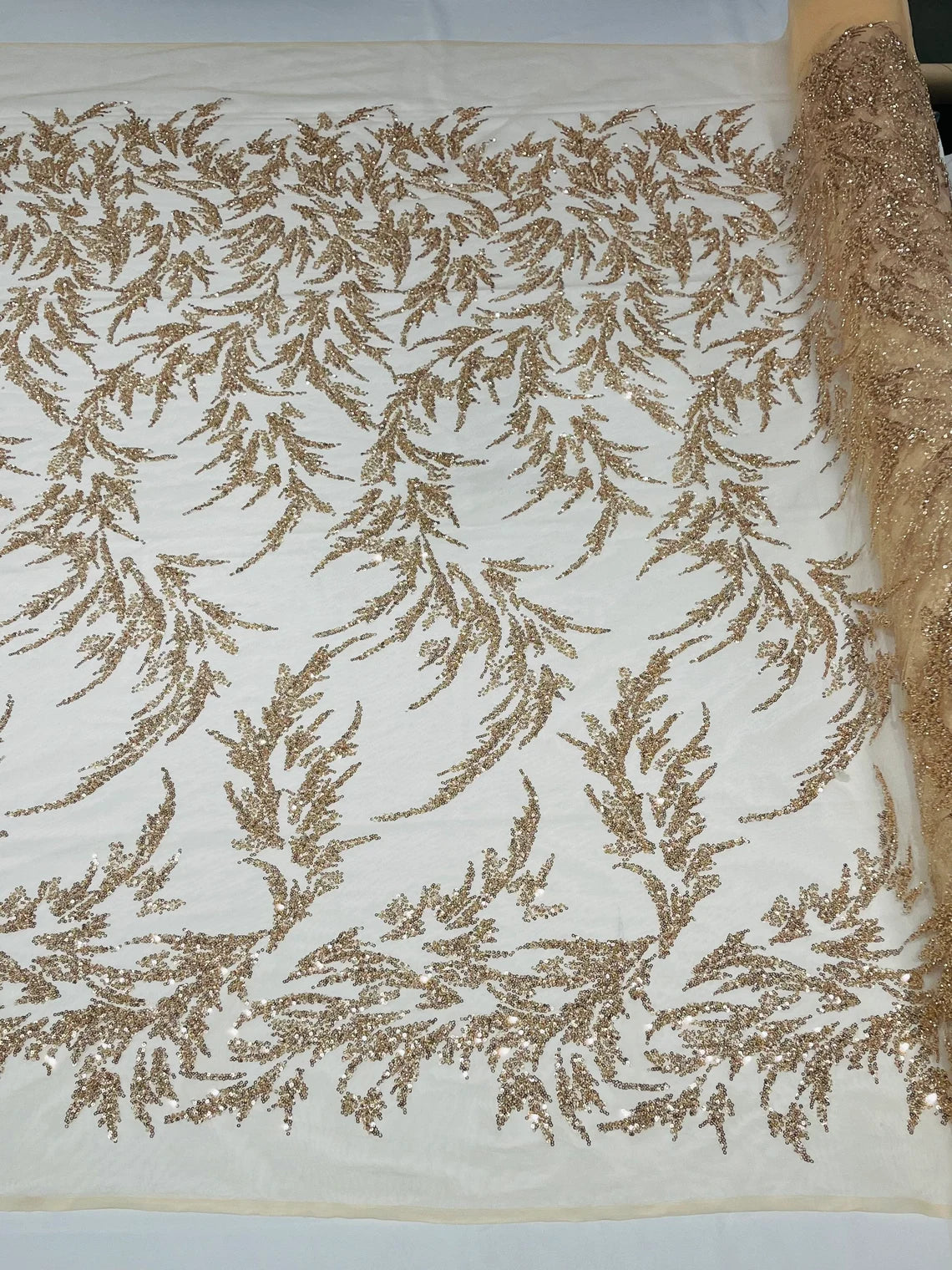 Long Leaf Plant Design Fabric - Rose Gold - Beaded Nature Leaf Sequins Design Fabric By Yard