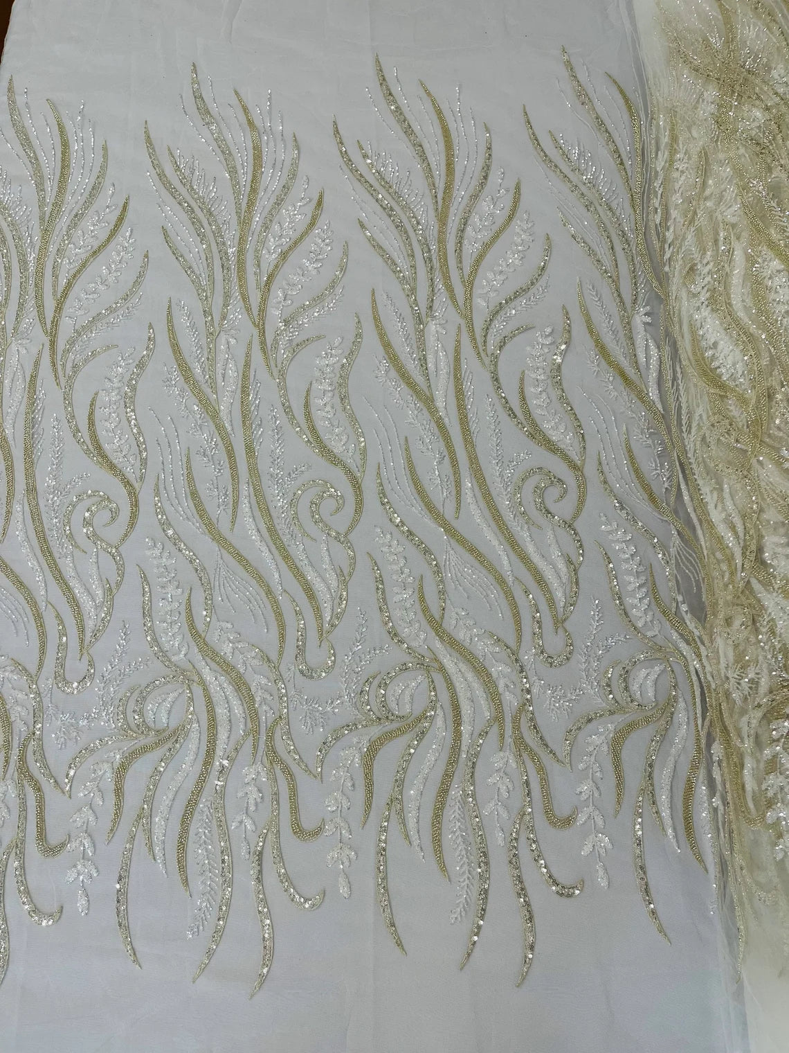 Sea Plants Design Bead Fabric - Ivory - Embroidered Beaded Seaweed Design Fabric By Yard