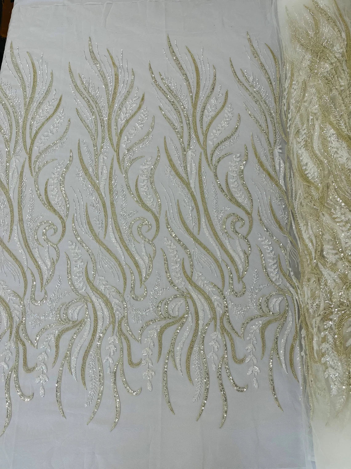 Sea Plants Design Bead Fabric - Ivory - Embroidered Beaded Seaweed Design Fabric By Yard