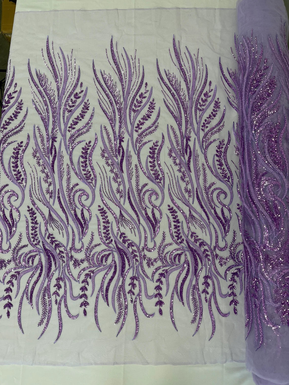 Sea Plants Design Bead Fabric - Lilac - Embroidered Beaded Seaweed Design Fabric By Yard