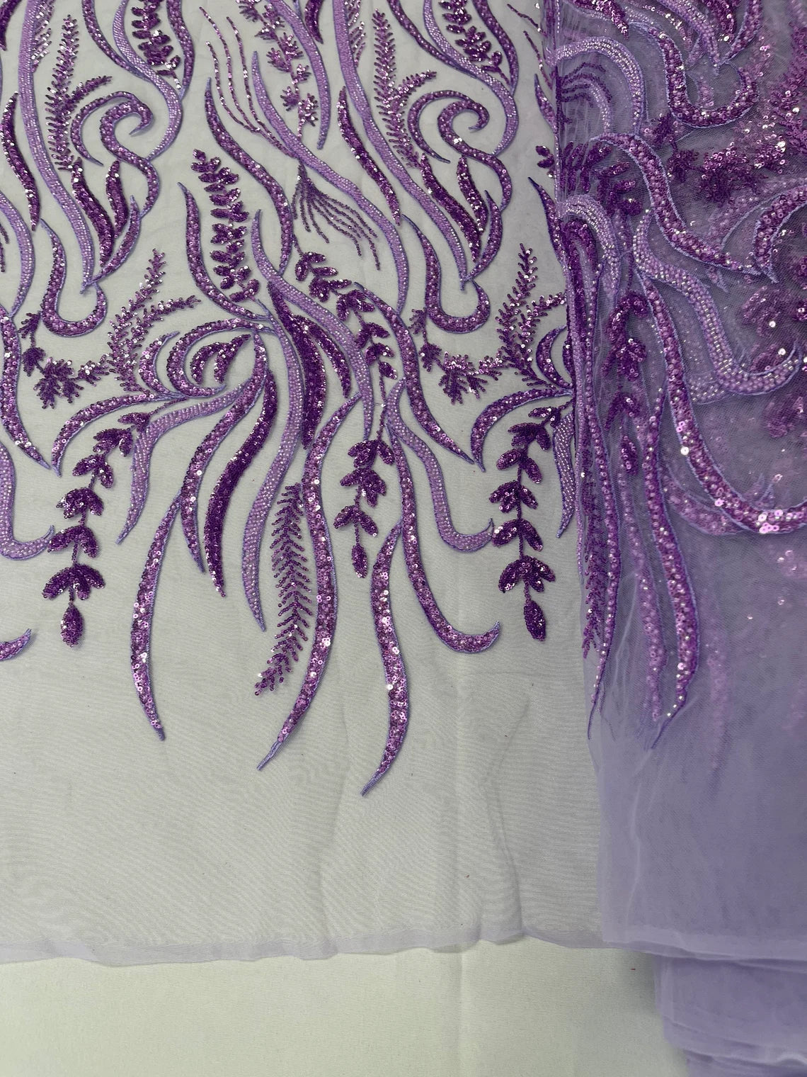 Sea Plants Design Bead Fabric - Lilac - Embroidered Beaded Seaweed Design Fabric By Yard