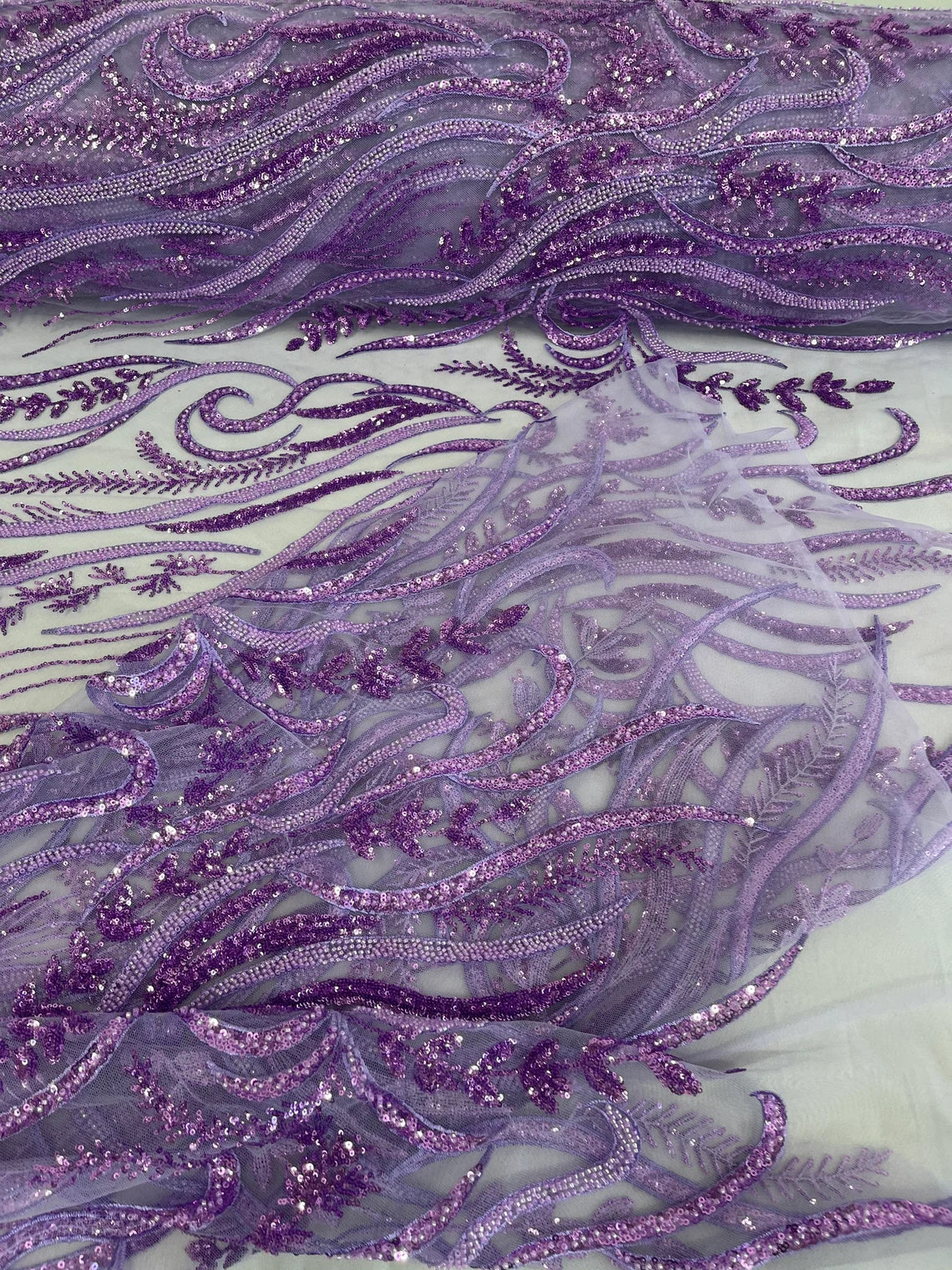 Sea Plants Design Bead Fabric - Lilac - Embroidered Beaded Seaweed Design Fabric By Yard