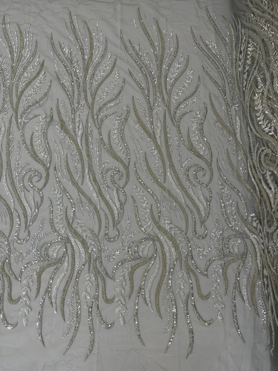 Sea Plants Design Bead Fabric - Silver - Embroidered Beaded Seaweed Design Fabric By Yard