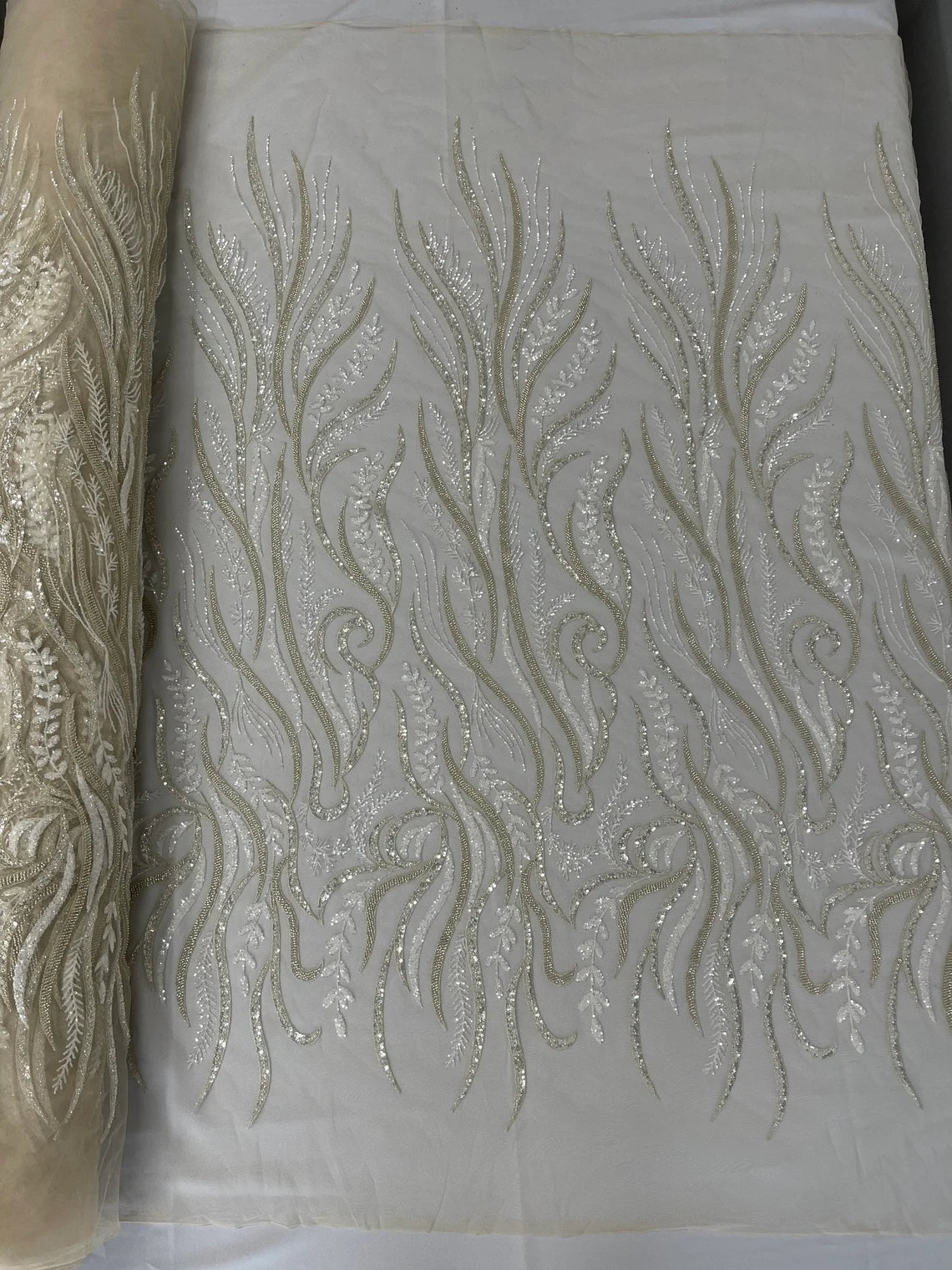 Sea Plants Design Bead Fabric - Clear / Cream - Embroidered Beaded Seaweed Design Fabric By Yard