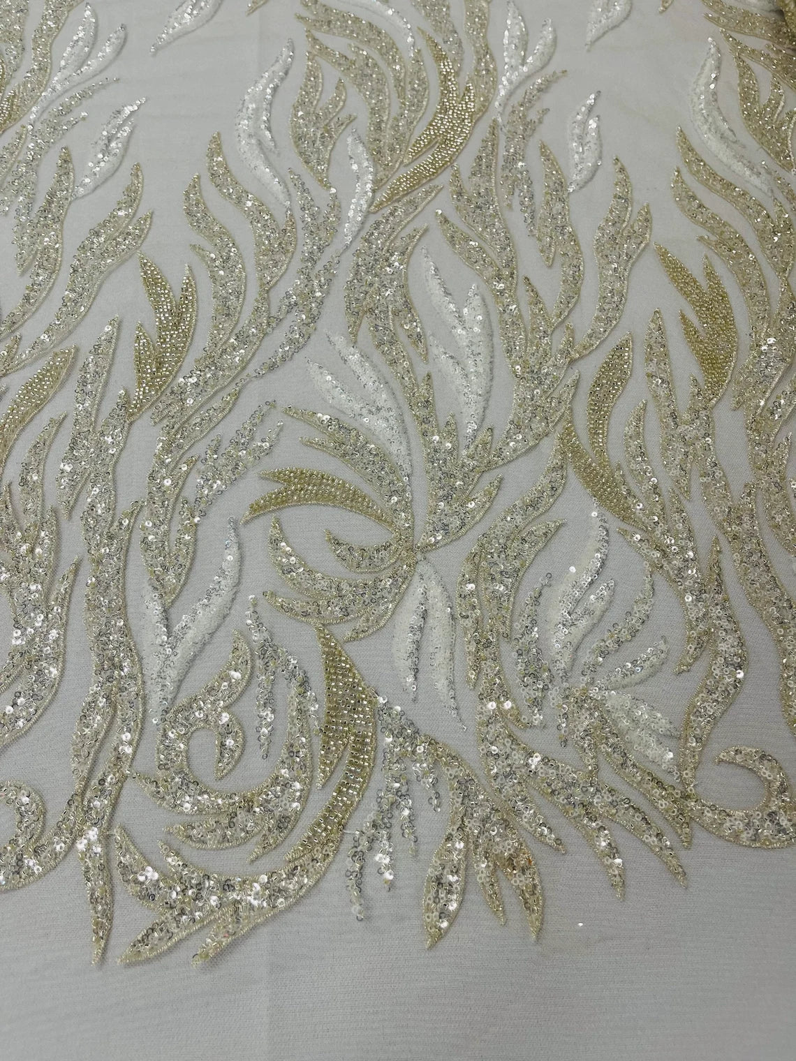 Fire Flames Design Bead Fabric - Clear Cream - Embroidered Beaded Burning Flame Design Fabric By Yard