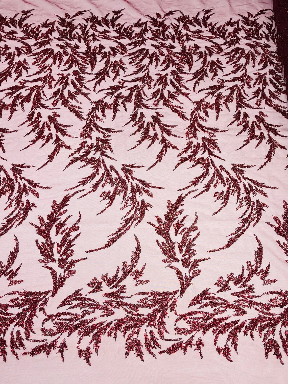 Long Leaf Plant Design Fabric - Burgundy - Beaded Nature Leaf Sequins Design Fabric By Yard