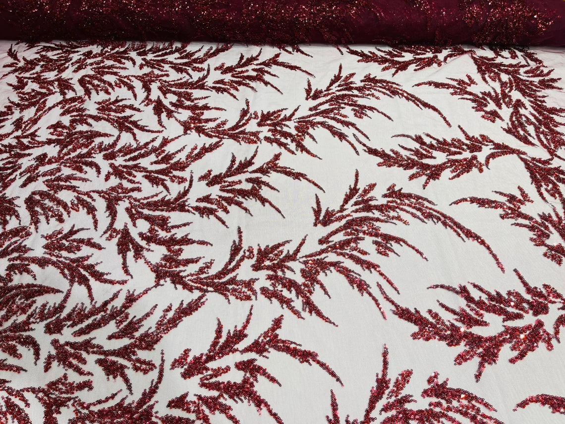 Long Leaf Plant Design Fabric - Burgundy - Beaded Nature Leaf Sequins Design Fabric By Yard