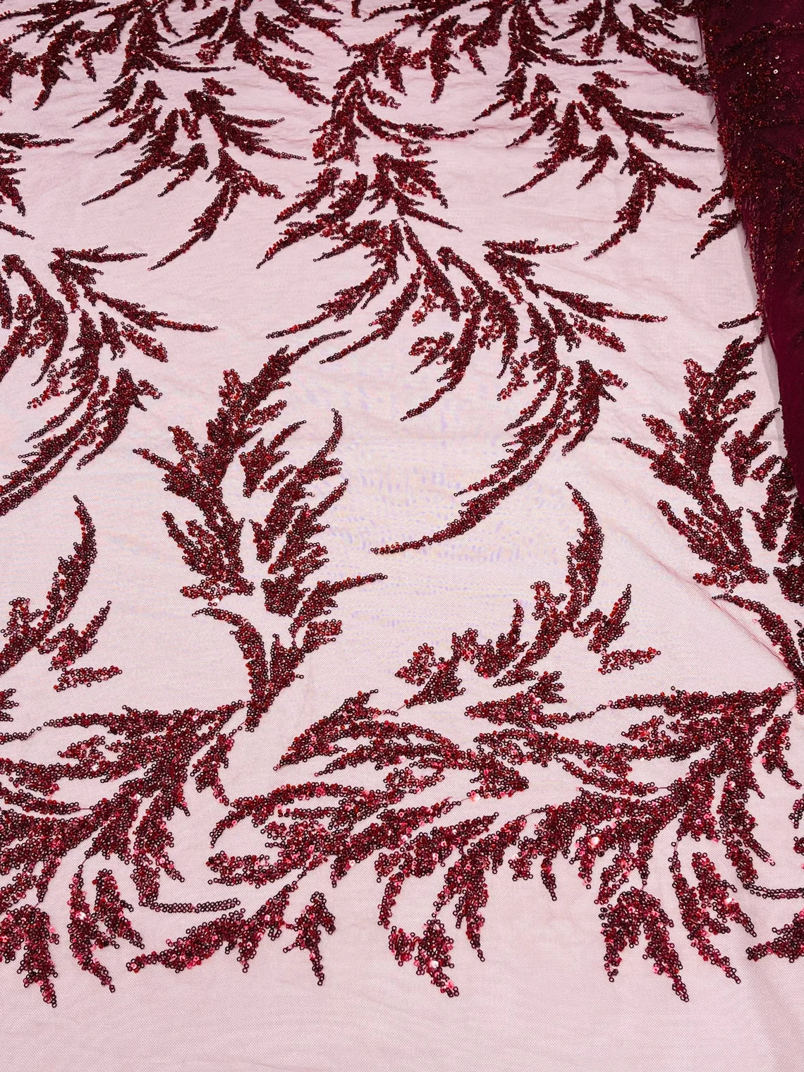 Long Leaf Plant Design Fabric - Burgundy - Beaded Nature Leaf Sequins Design Fabric By Yard