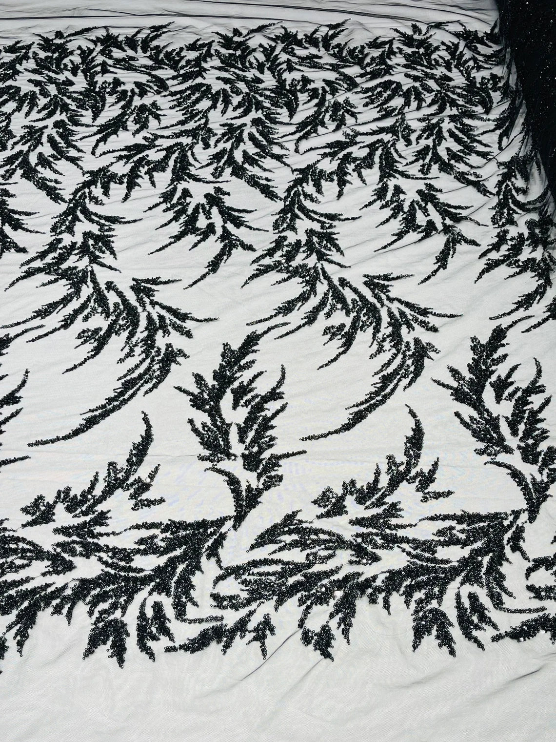 Long Leaf Plant Design Fabric - Black - Beaded Nature Leaf Sequins Design Fabric By Yard