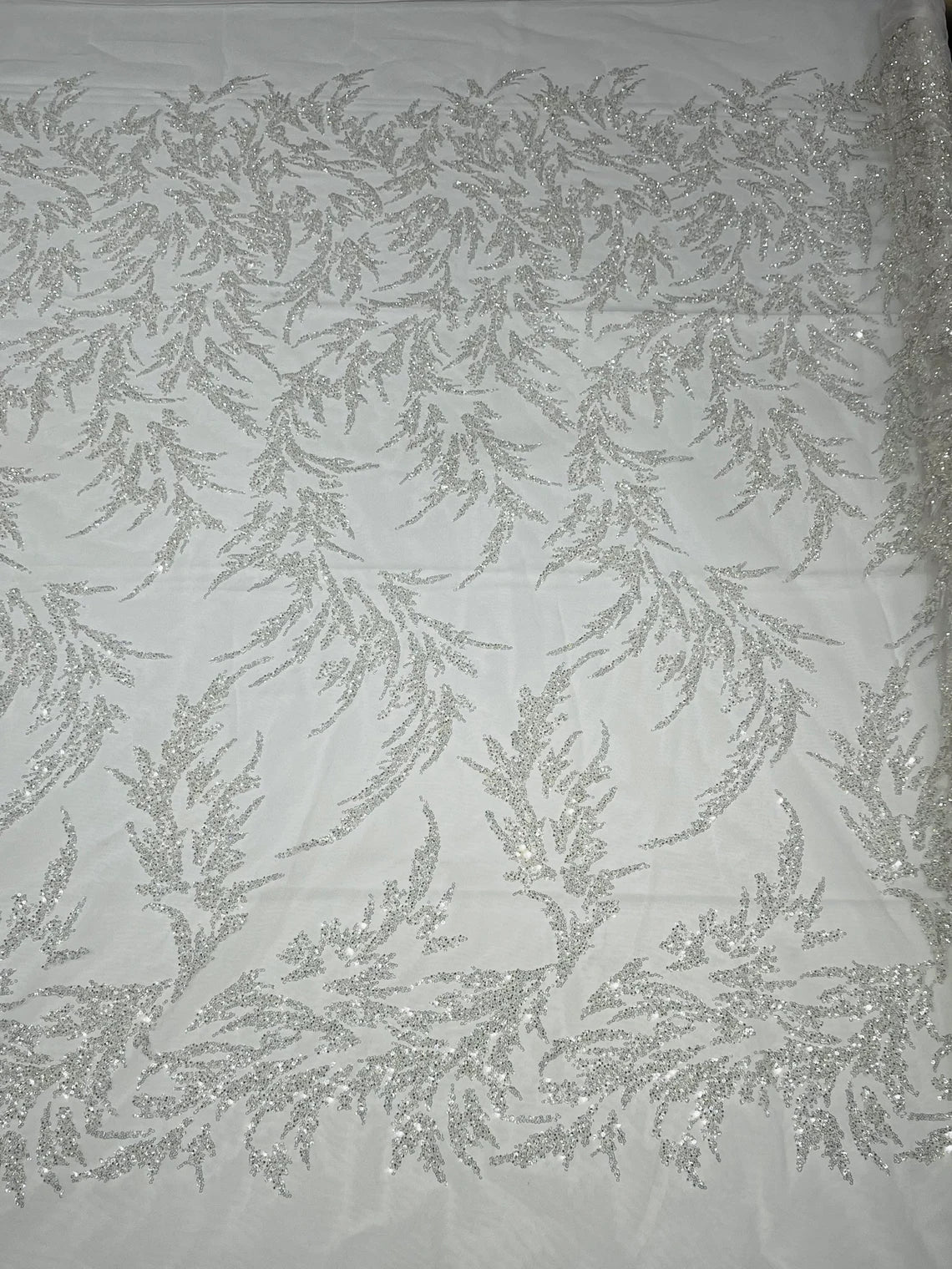 Long Leaf Plant Design Fabric - White - Beaded Nature Leaf Sequins Design Fabric By Yard