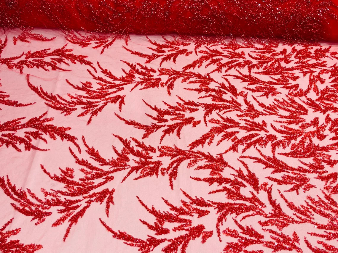 Long Leaf Plant Design Fabric - Red - Beaded Nature Leaf Sequins Design Fabric By Yard