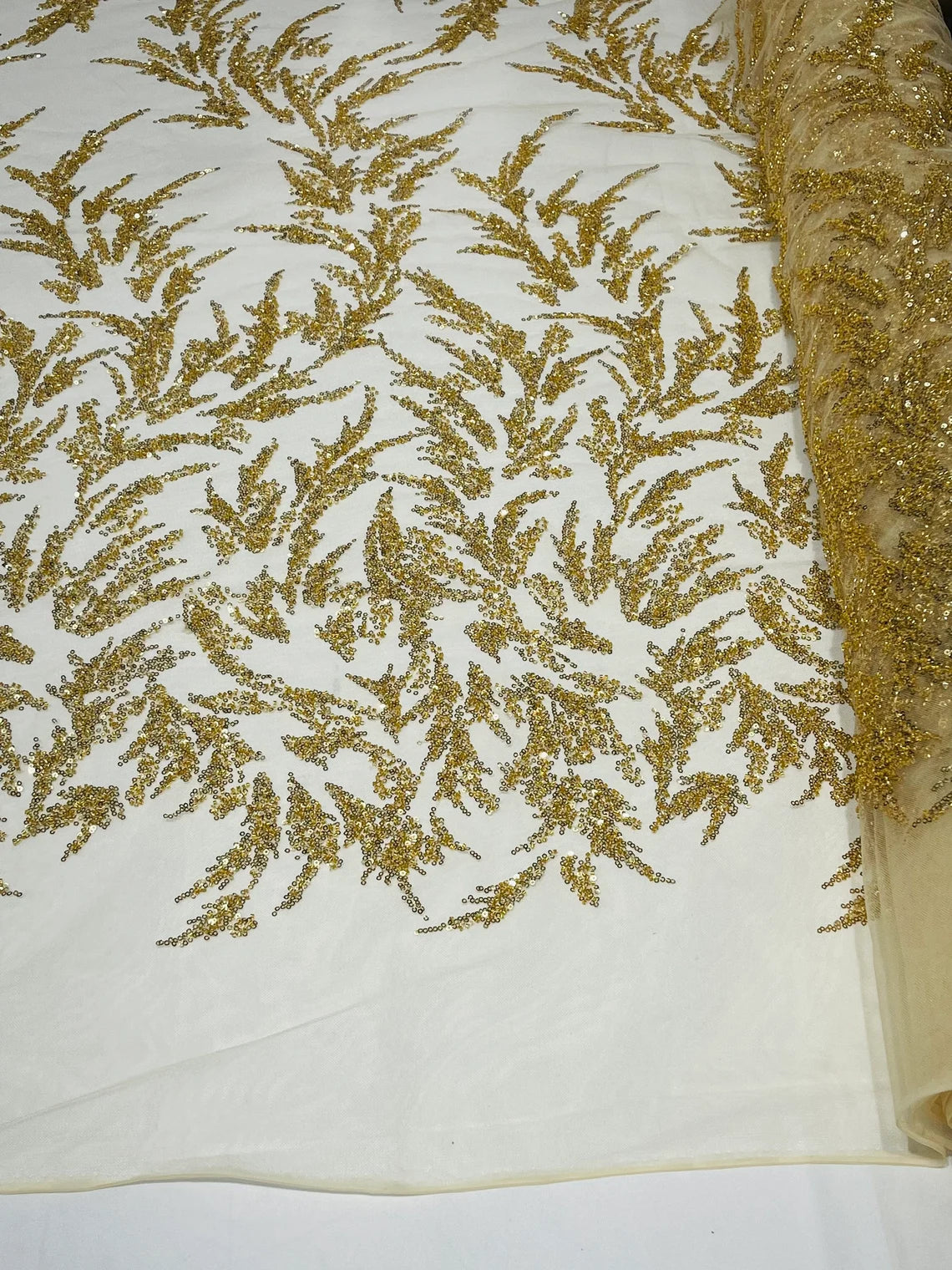 Long Leaf Plant Design Fabric - Gold - Beaded Nature Leaf Sequins Design Fabric By Yard