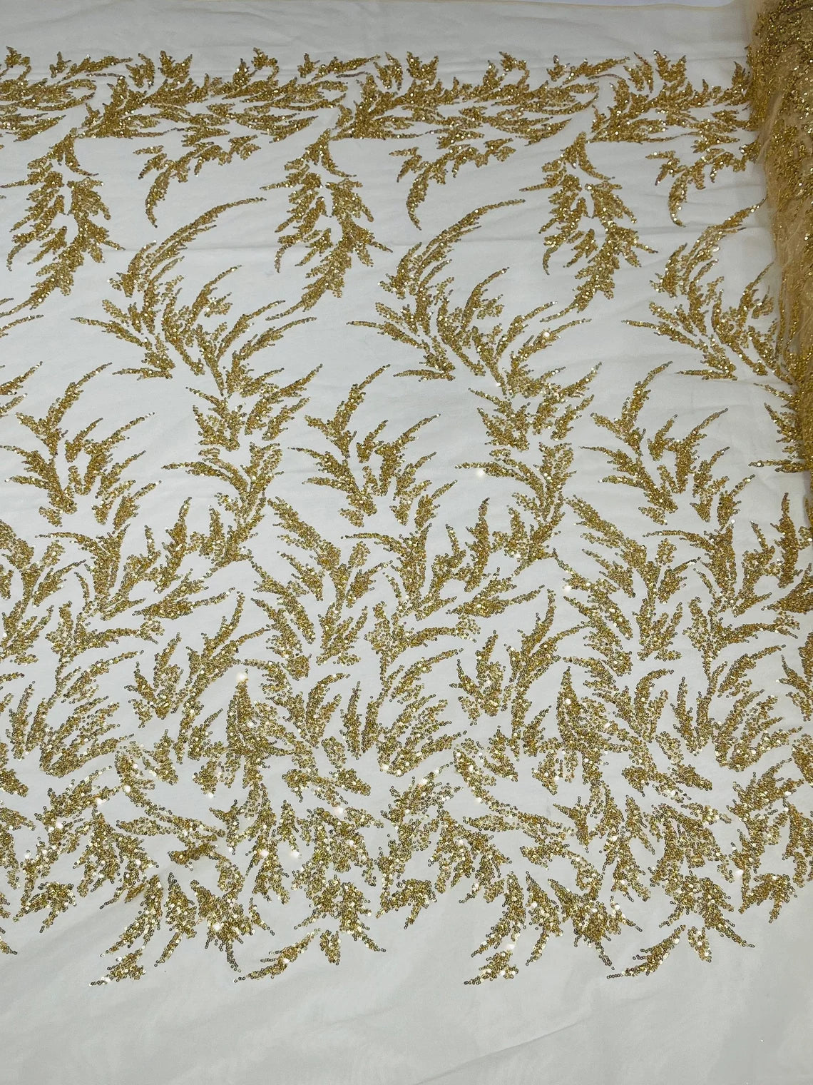 Long Leaf Plant Design Fabric - Gold - Beaded Nature Leaf Sequins Design Fabric By Yard