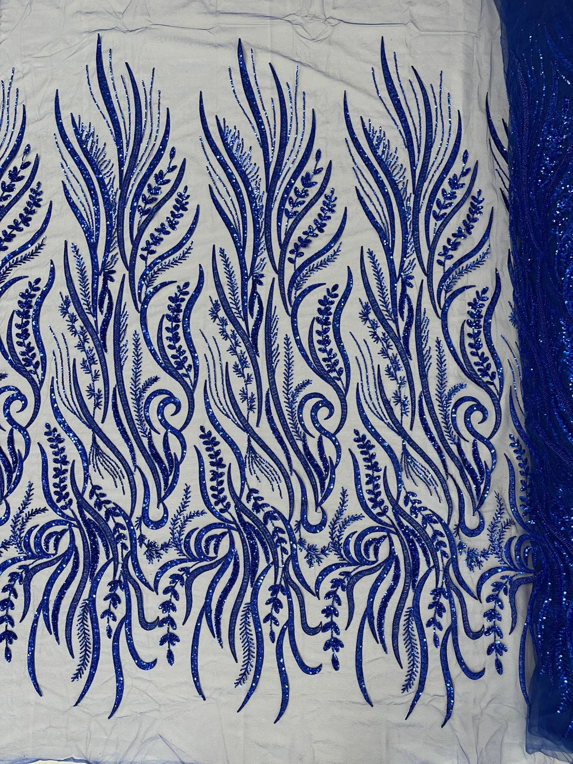 Sea Plants Design Bead Fabric - Royal Blue - Embroidered Beaded Seaweed Design Fabric By Yard