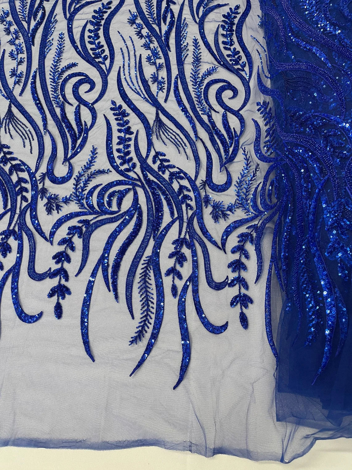 Sea Plants Design Bead Fabric - Royal Blue - Embroidered Beaded Seaweed Design Fabric By Yard