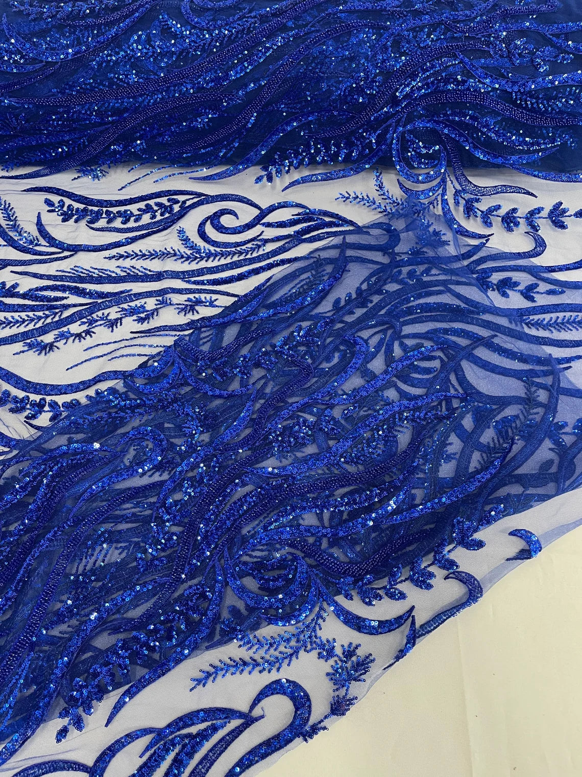 Sea Plants Design Bead Fabric - Royal Blue - Embroidered Beaded Seaweed Design Fabric By Yard