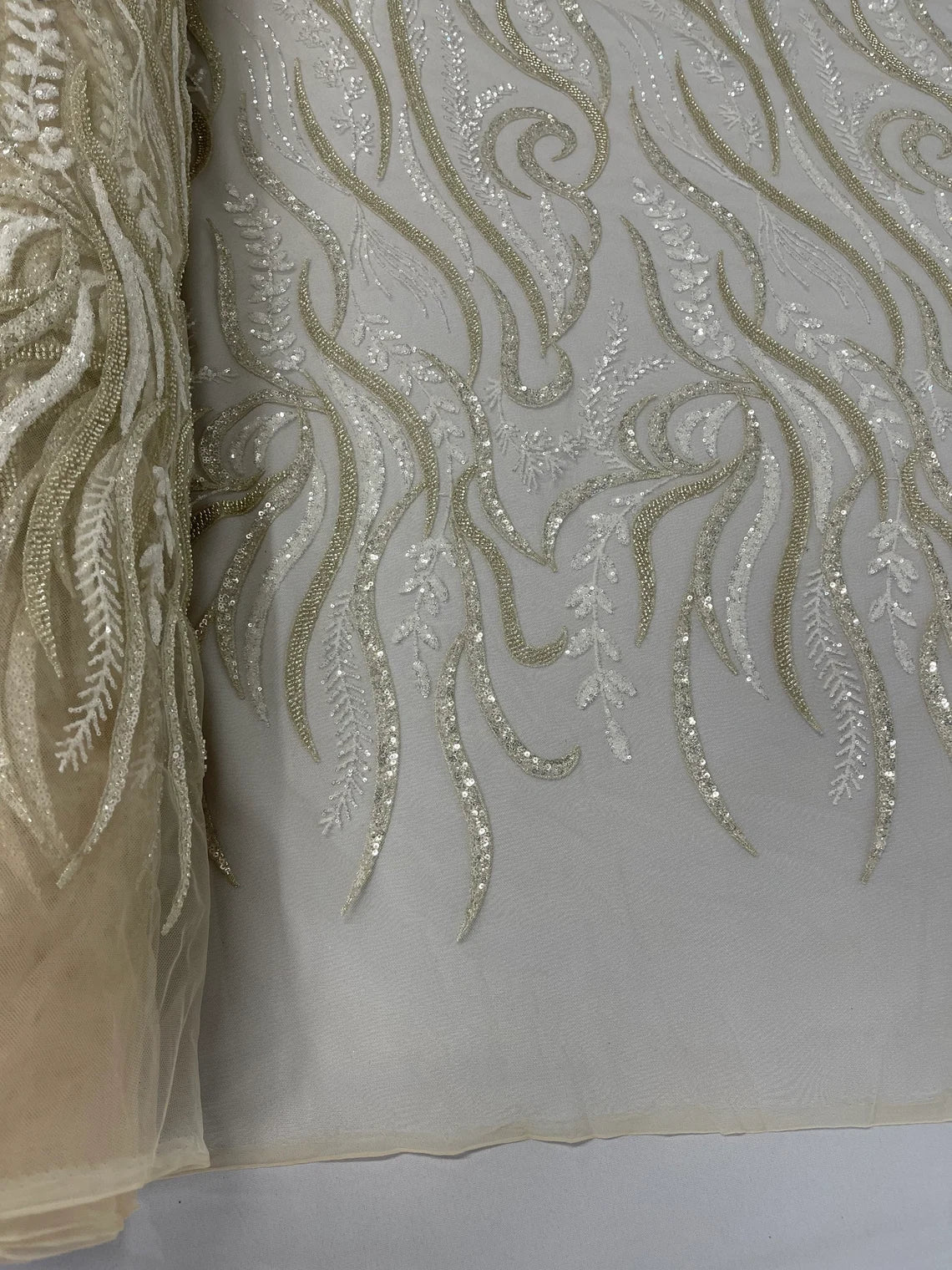 Sea Plants Design Bead Fabric - Clear / Cream - Embroidered Beaded Seaweed Design Fabric By Yard