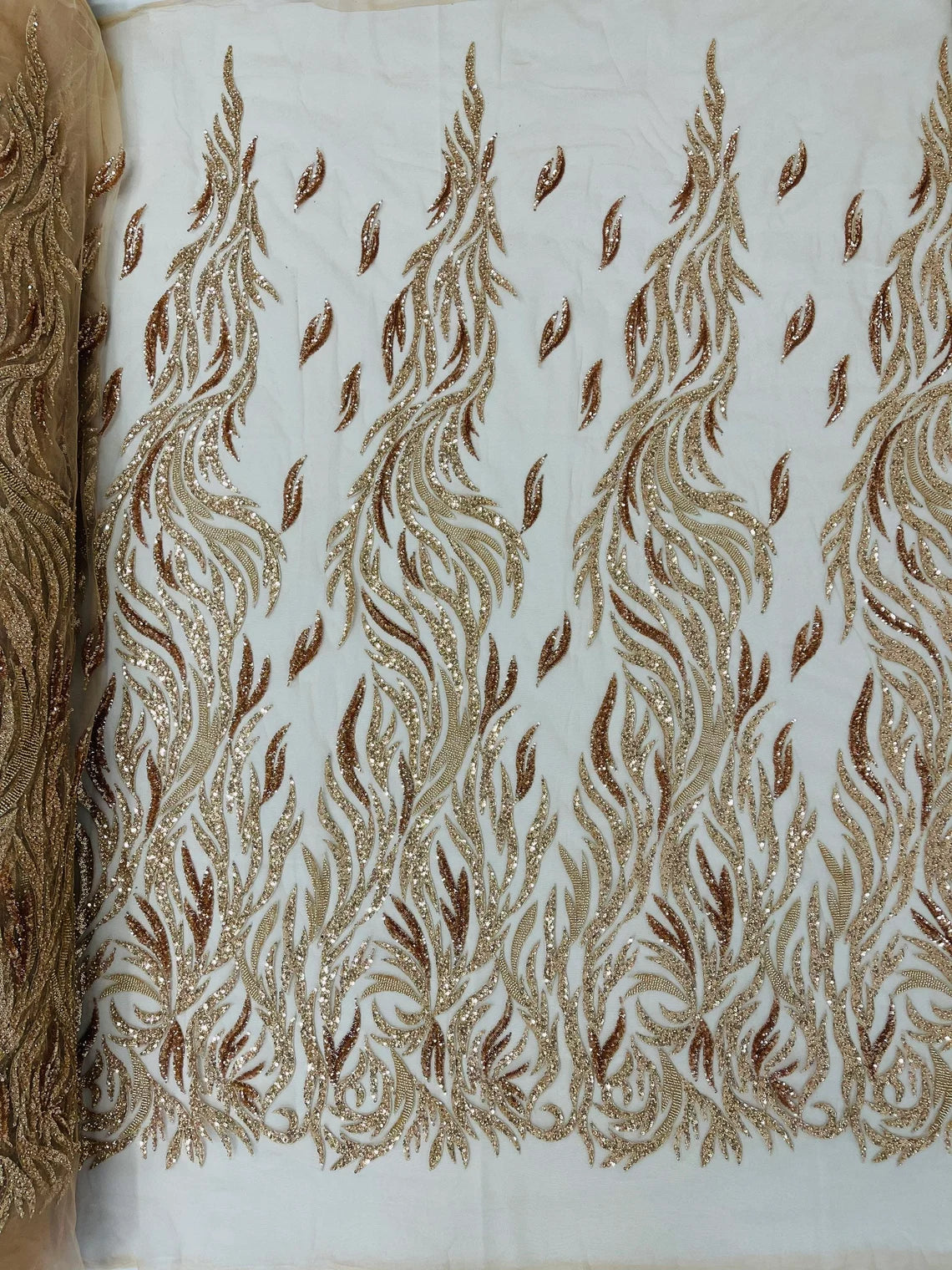 Fire Flames Design Bead Fabric - Rose Gold - Embroidered Beaded Burning Flame Design Fabric By Yard