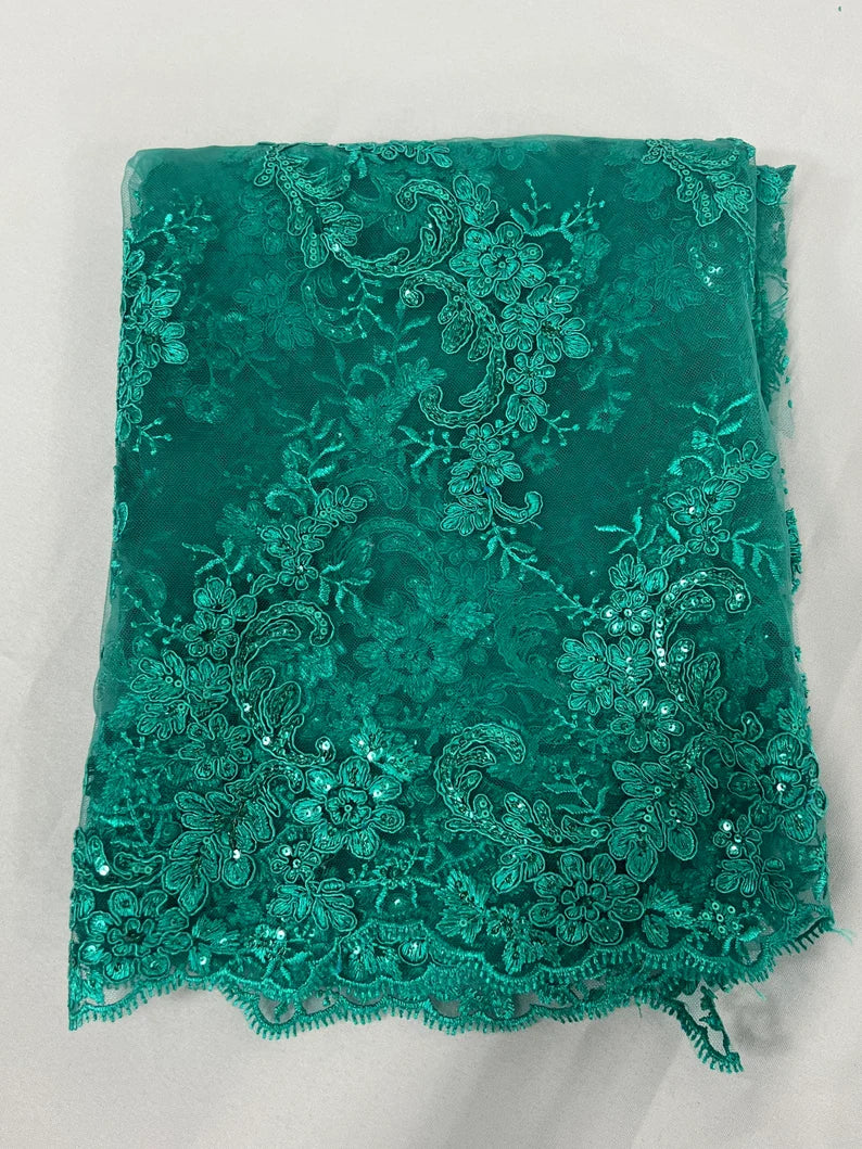 Flower Cluster Lace Sequins Fabric - Jade - Embroidery Floral Design Lace Fabric By Yard