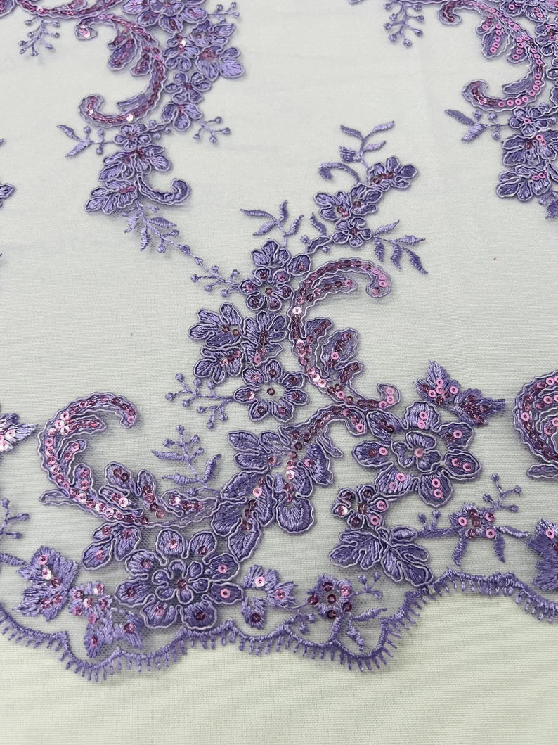 Flower Cluster Lace Sequins Fabric - Lilac - Embroidery Floral Design Lace Fabric By Yard