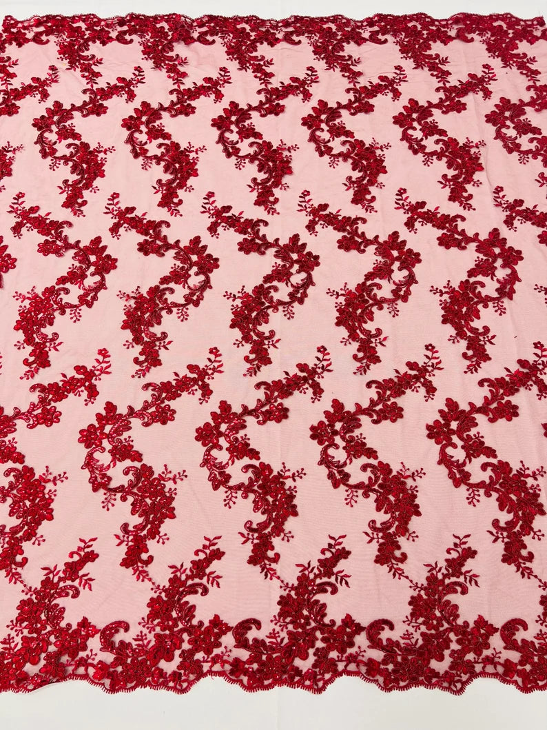 Flower Cluster Lace Sequins Fabric - Burgundy - Embroidery Floral Design Lace Fabric By Yard